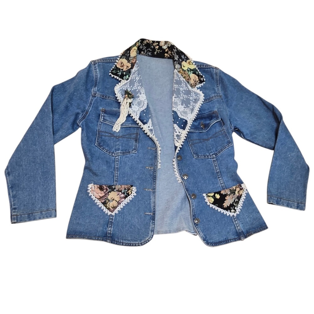 Womens Vintage Switch Embroidered Lace Boho Floral Small Blue Denim Jacket 90s